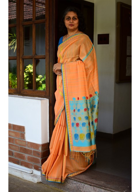 Yellowish Orange, Handwoven Organic Cotton, Textured Weave , Jacquard, Work Wear Saree